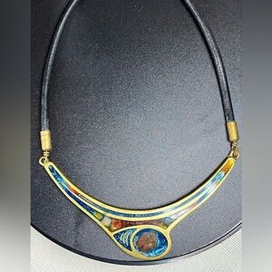 Vintage 1980’s Brass and Fused Glass Artistic Blue and Gold Choker Necklace